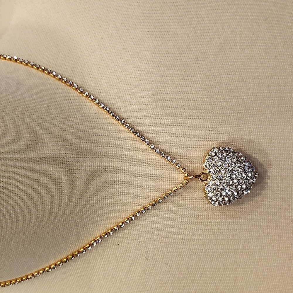 Gold Heart Pendant Necklace Glam Bling Rhinestones Tennis Necklace & Puff Heart